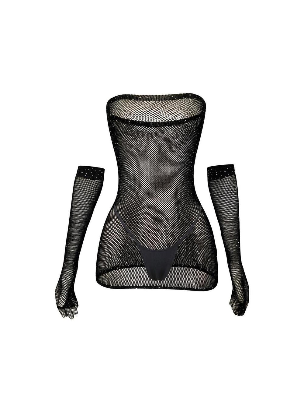 GrlFriday Shop Black Rhinestone Fishnet Dress & Gloves Set